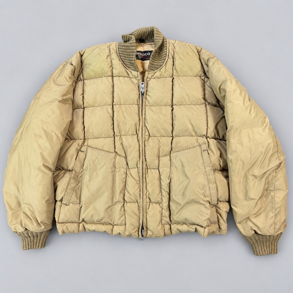 Vintage 70s Down Puffer Bomber Jacket Tempco Seattle Tan TALON Zip Coat